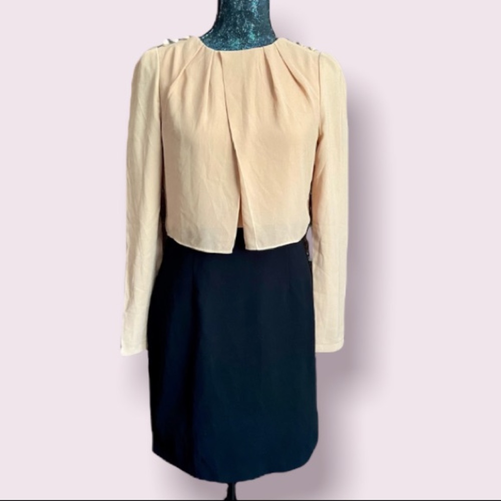 Tan and Black Long Sleeve Dress with Button Accent Shoulders